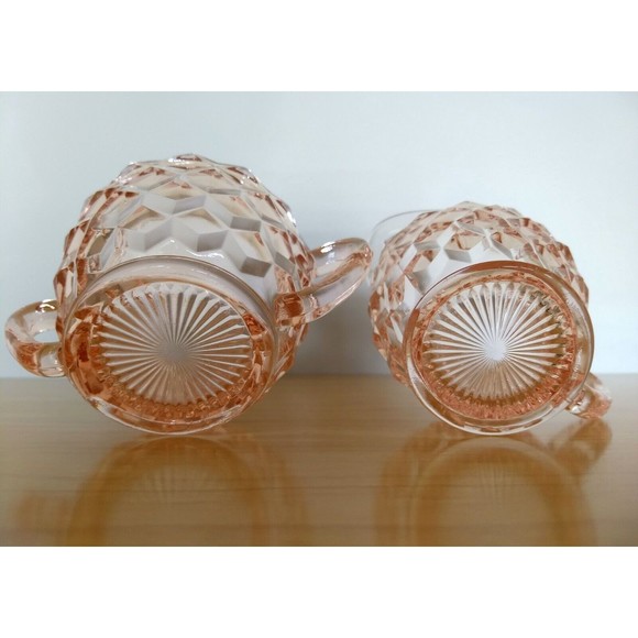 PINK DEPRESSION GLASS Creamer & Sugar Bowl Set Jeanette DIAMOND CUBIST Vintage - Picture 13 of 16